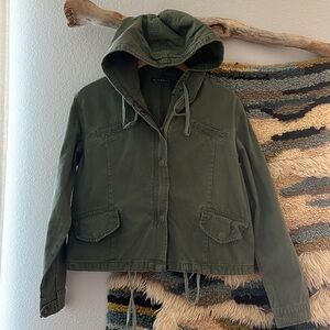 BRANDY MELVILLE Hailey Green Canvas Full Zip Army Utility Crop Hooded Jacket  OS